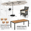 11-piece patio dining set featuring a 15 ft double-sided umbrella, gray PE rattan chairs, and acacia wood table for.