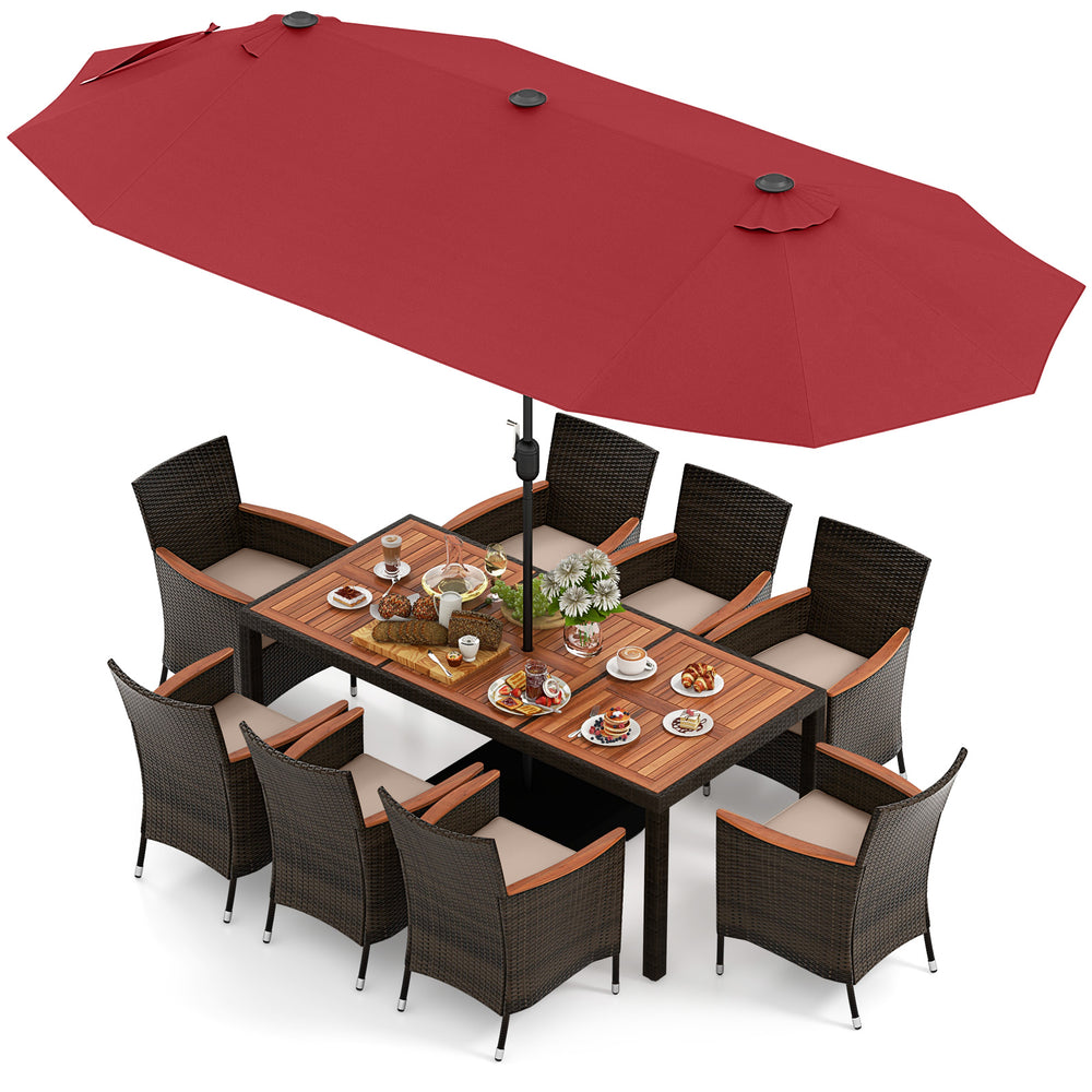11 Pieces Patio Dining Set with 15 Feet Double-Sided Patio Umbrella and Base-Coffee 11 Pieces Patio Dining Set with 15 Feet Double-Sided Patio Umbrella and Base-Coffee