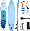 11' inflatable stand-up paddle board in dark blue with removable fins and backpack, ideal for all skill levels.