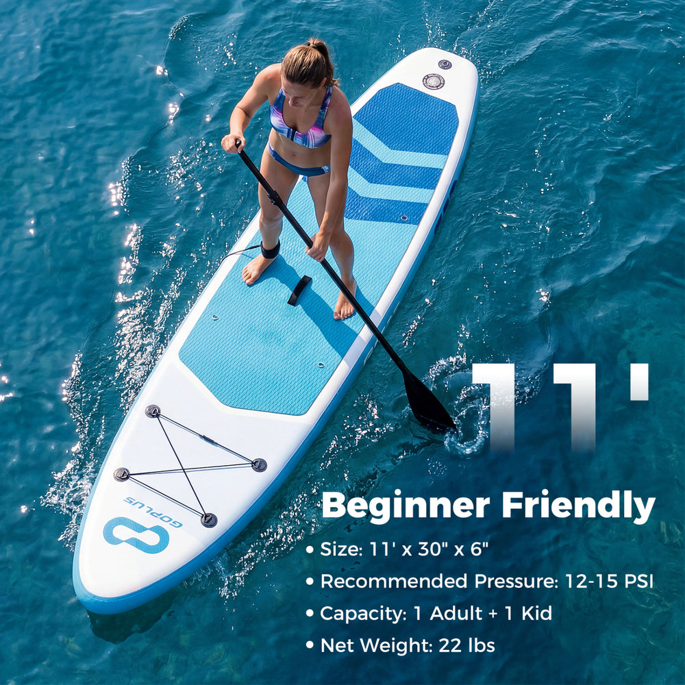 11' inflatable stand-up paddle board in dark blue, beginner-friendly, with textured EVA deck and 3 removable fins for.