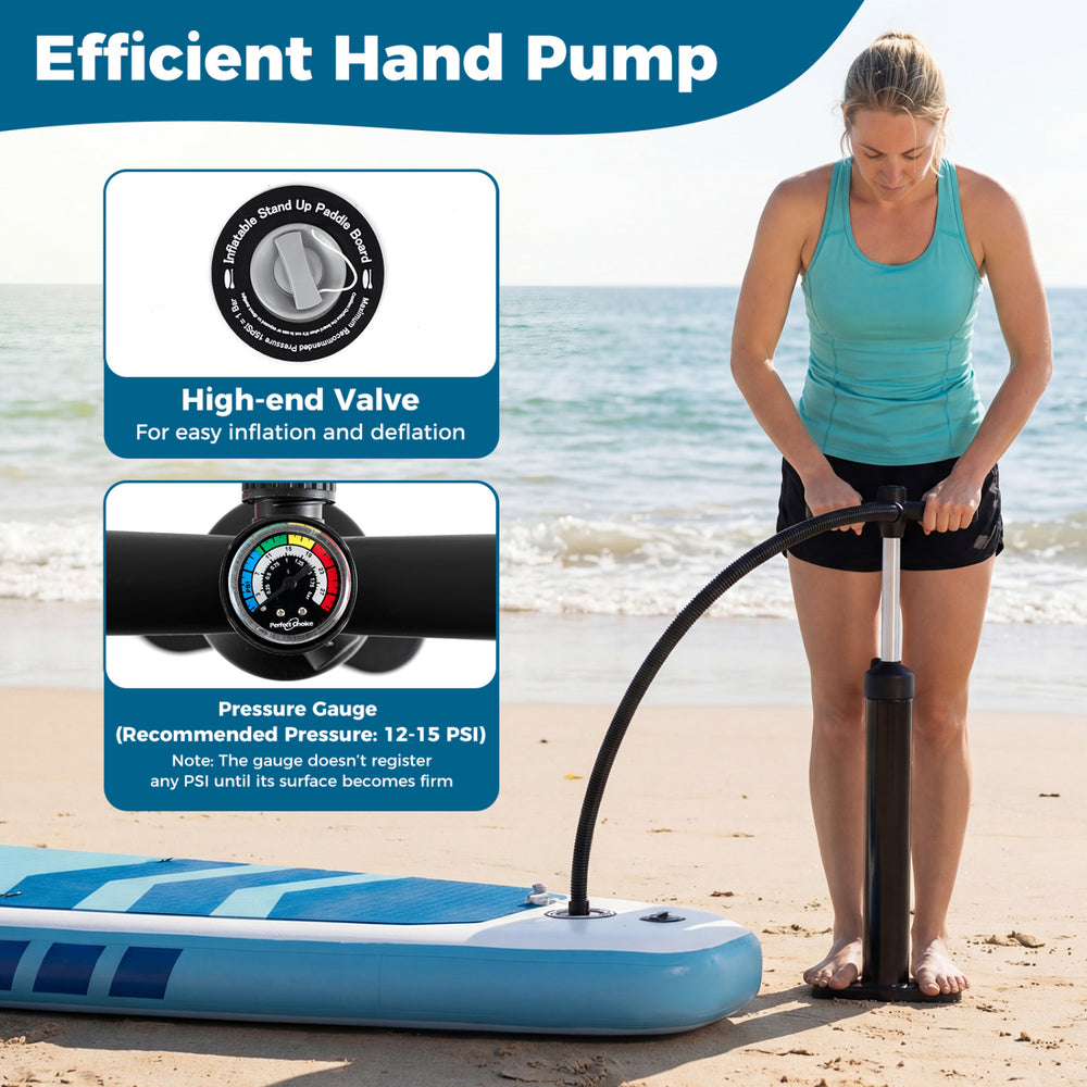 High-pressure hand pump with pressure gauge for the 11' inflatable stand-up paddle board, ideal for easy inflation.