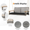 2-person patio wicker hanging swing chair with acacia wood armrests and elegant mix gray PE rattan for outdoor comfort.