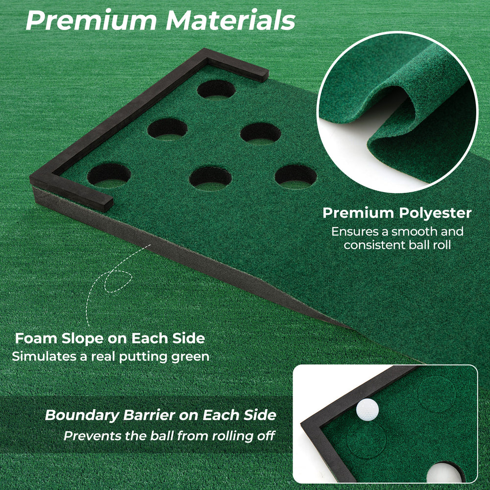 Indoor putting green mat featuring foam slopes and boundary barriers, made of premium polyester for durability.