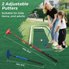 Two adjustable putters in use on an 11 FT putting green mat, suitable for kids, teens, and adults.