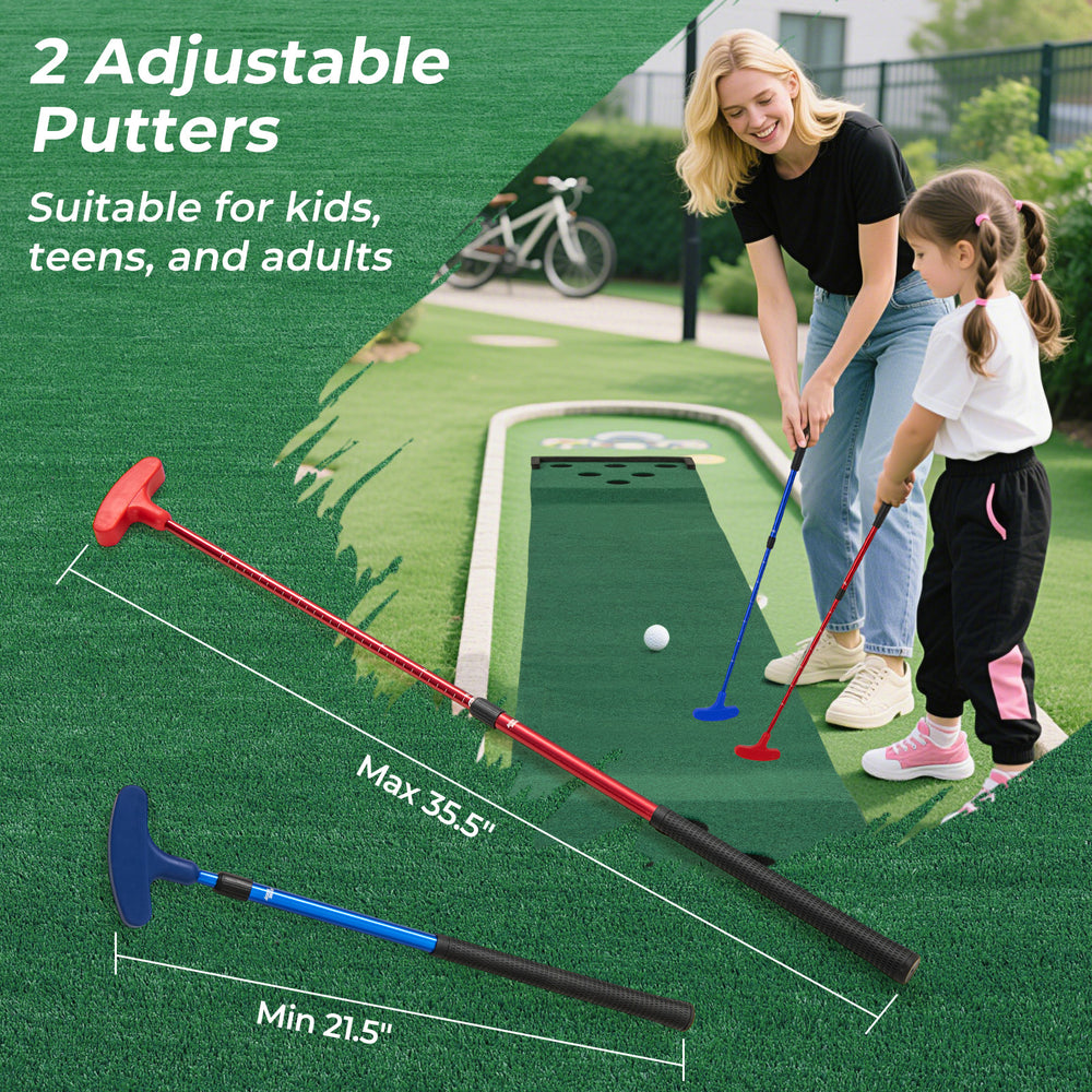 Two adjustable putters in use on an 11 FT putting green mat, suitable for kids, teens, and adults.
