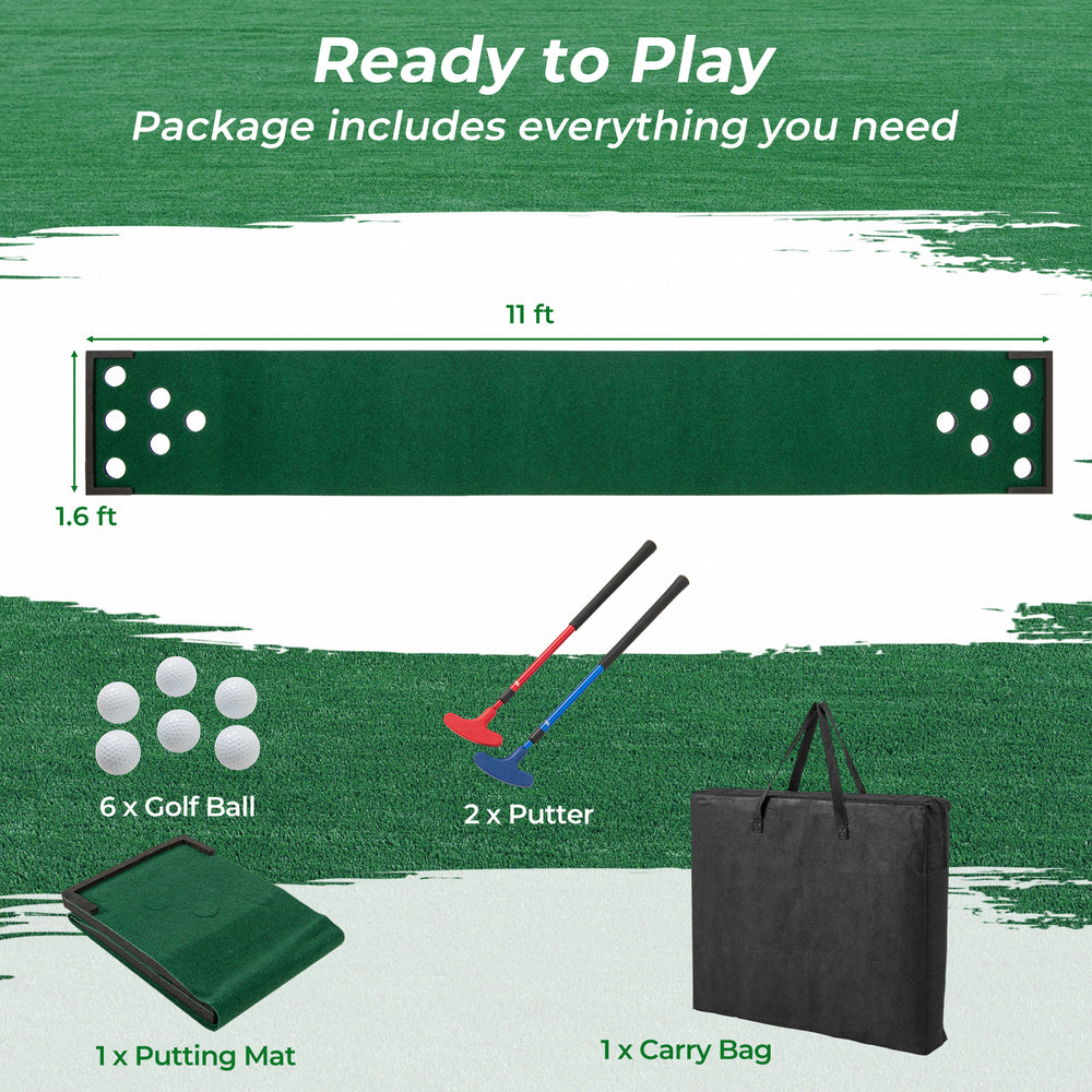 11 ft indoor outdoor putting green mat with 2 adjustable putters and 6 golf balls, ideal for home or office fun.