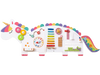 Colorful 11-in-1 dinosaur activity wall busy board for toddlers, featuring xylophone, clock, and abacus for educational.
