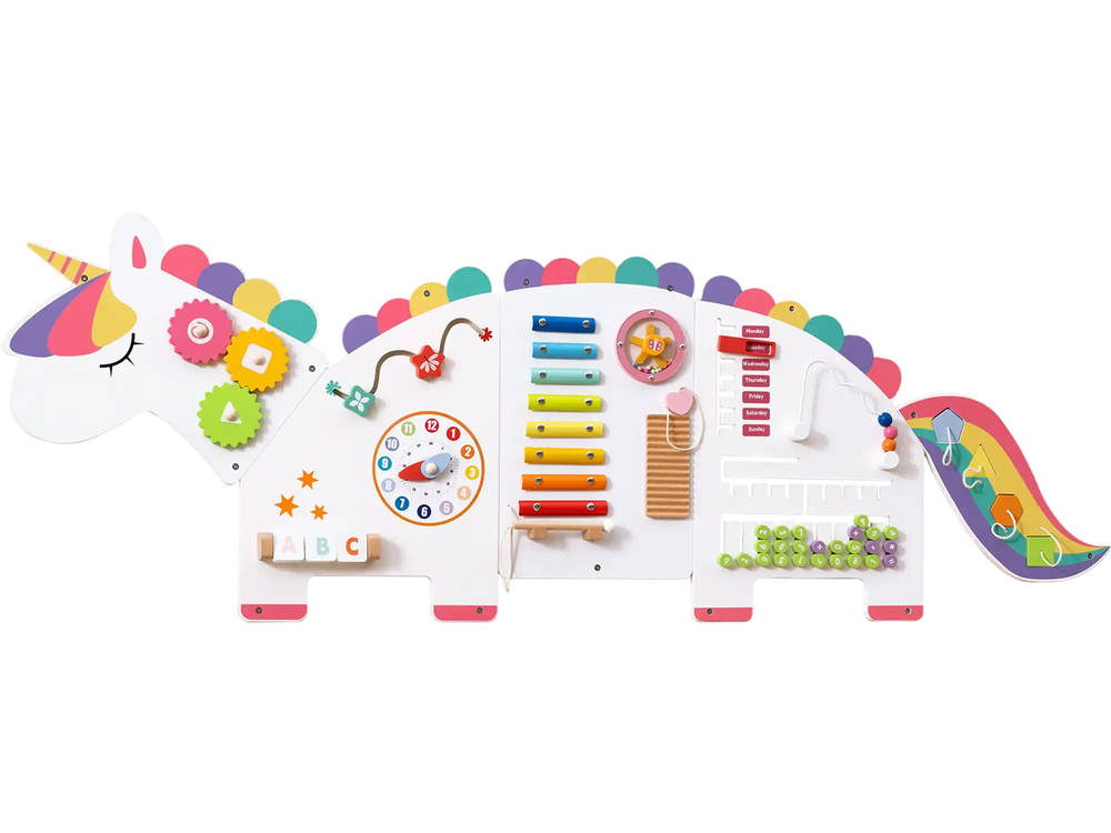 Colorful 11-in-1 dinosaur activity wall busy board for toddlers, featuring xylophone, clock, and abacus for educational.