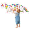 Colorful dinosaur activity wall busy board for toddlers featuring a xylophone, clock, and abacus for educational play.