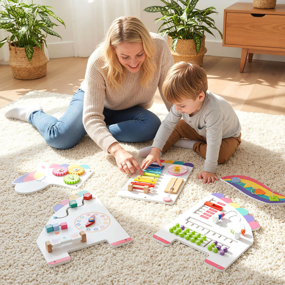 Colorful 11-in-1 dinosaur activity wall busy board for toddlers, featuring a xylophone, clock, and abacus for.