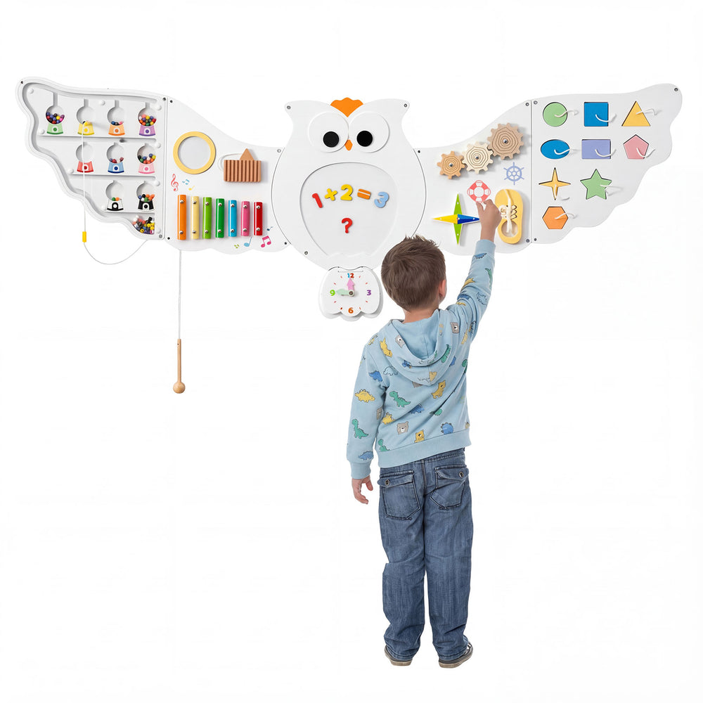 Owl activity wall busy board featuring 11 learning activities for toddlers, promoting skills like math and shoelace.