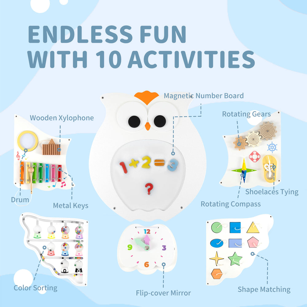 Owl activity wall busy board featuring 11 learning activities for toddlers, including a magnetic number board and.