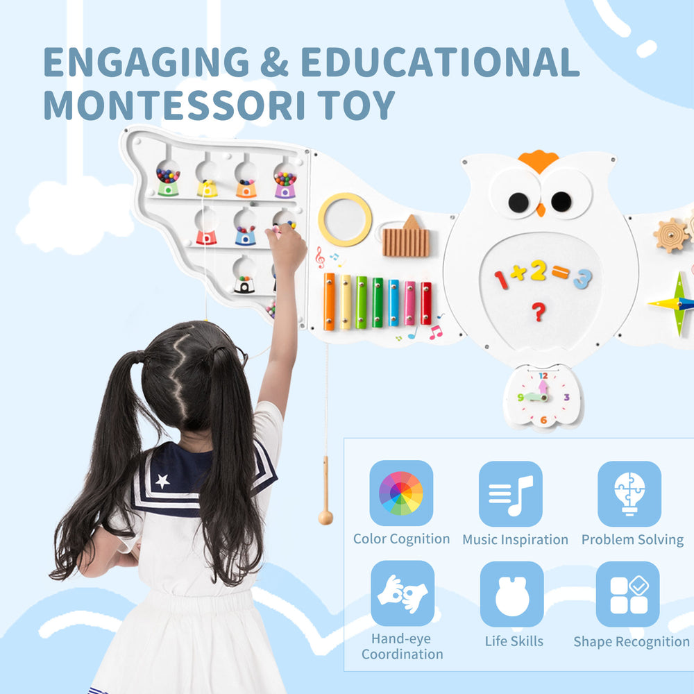 Owl activity wall busy board with 11 learning activities for toddlers, promoting skills like color cognition and.