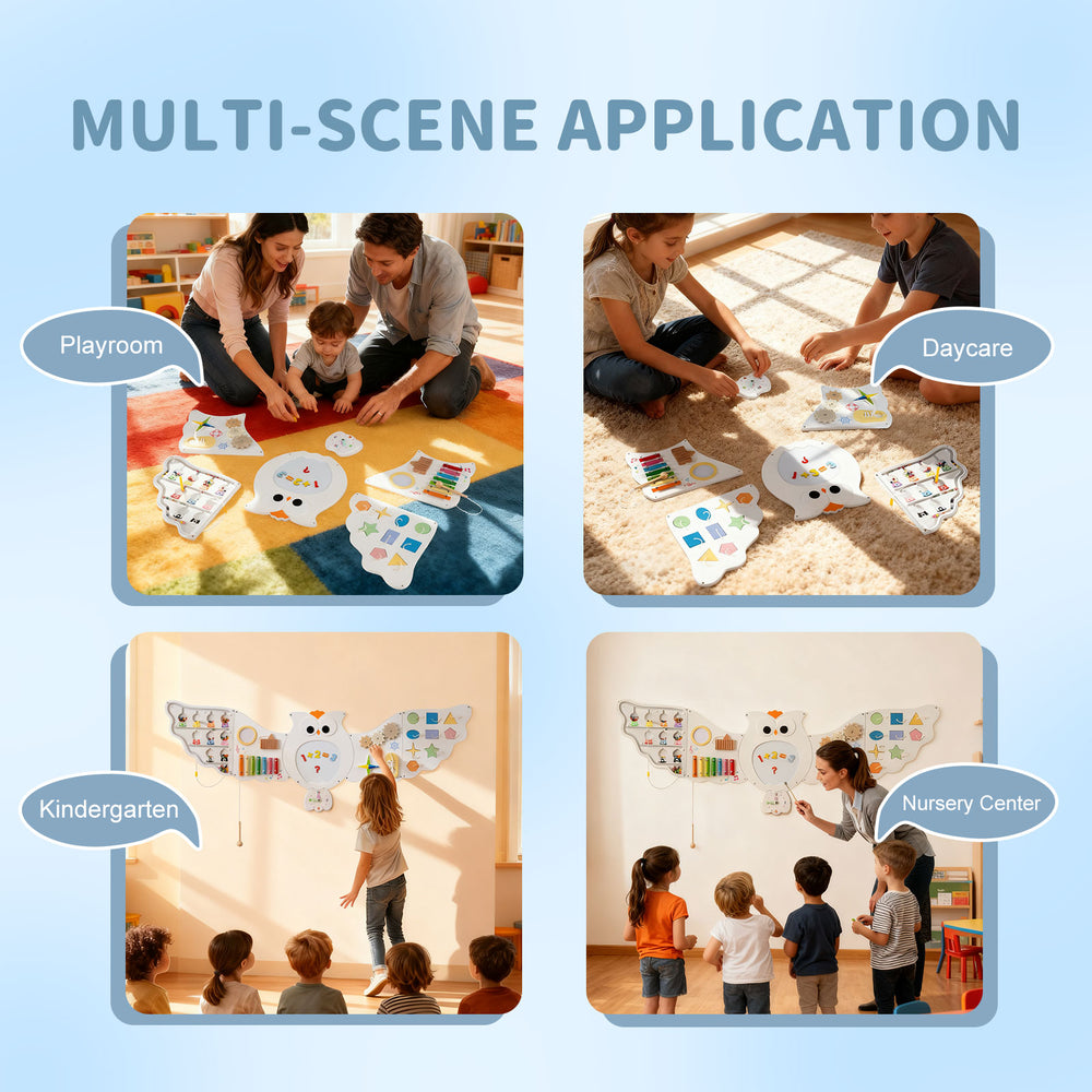 Owl Activity Wall Busy Board showcasing multi-scene applications in playroom, daycare, kindergarten, and nursery center.