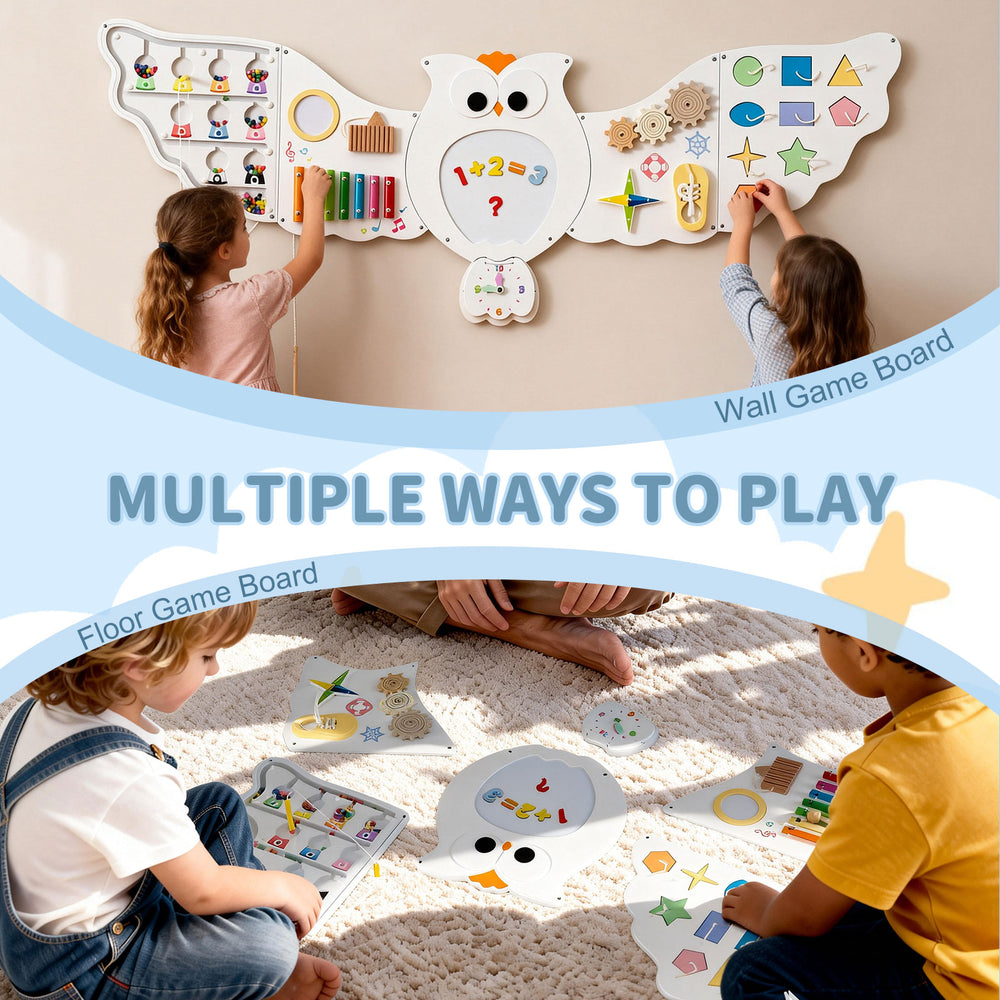 Owl activity wall busy board with 11 learning activities for toddlers, promoting skills like math and shoelace tying.