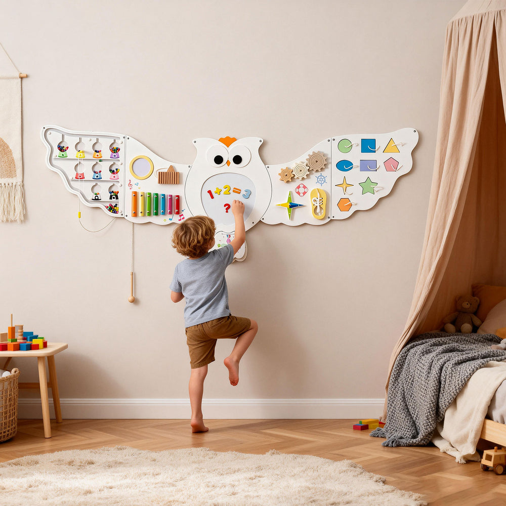 Toddler learning activity center featuring an engaging owl design, promoting hands-on skills like tying shoelaces and.