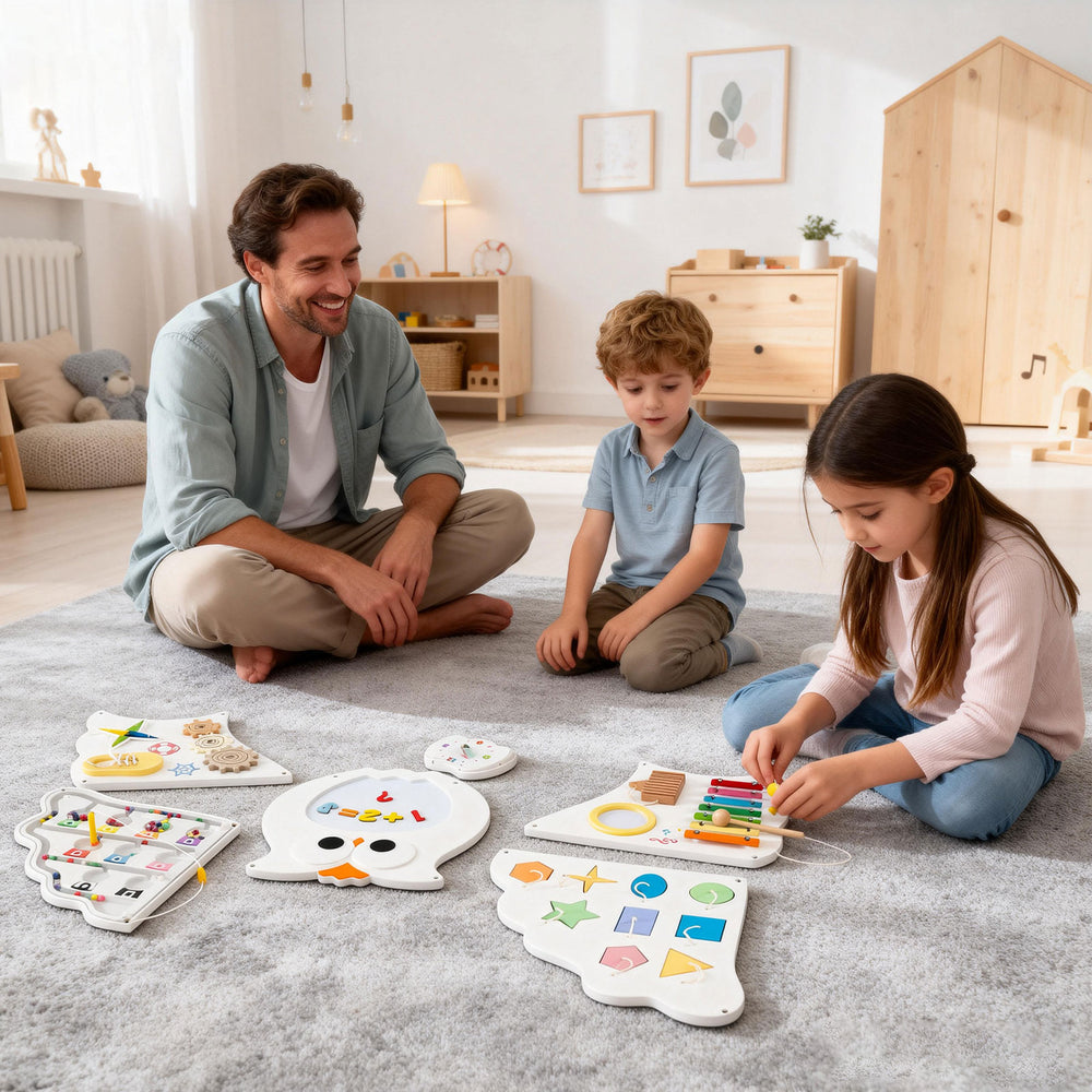 Children engaging with the 11-in-1 Toddler Learning Activity Center Owl, featuring various educational activities on a.