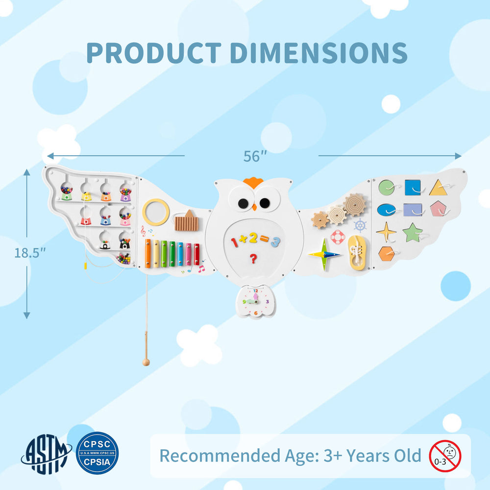 Owl activity wall busy board dimensions of 56 x 18.5 inches, perfect for mounting in playrooms for interactive learning.