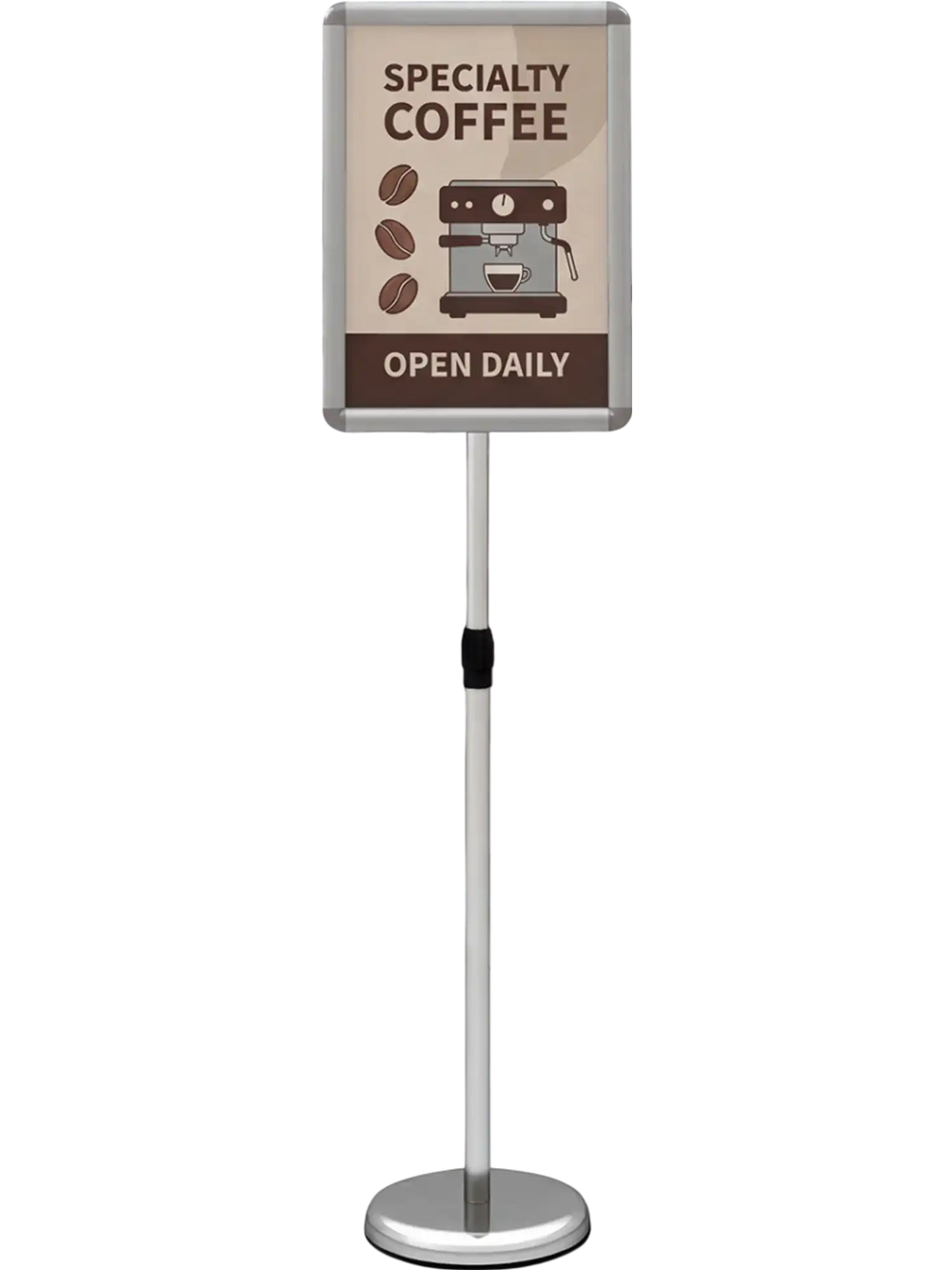 Height adjustable SUPERBUY sign holder stand with a snap-open frame, ideal for displaying menus and notices in restaurants.
