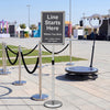 Height adjustable 8.5 x 11 inch sign holder stand with snap-open frame, ideal for indoor and outdoor signage displays.