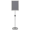 Height adjustable floor standing sign holder stand with snap-open frame, suitable for indoor and outdoor signage displays.