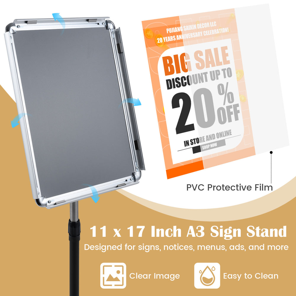 Height adjustable 11 x 17 inch A3 sign stand with aluminum frame, designed for clear display of notices and ads.