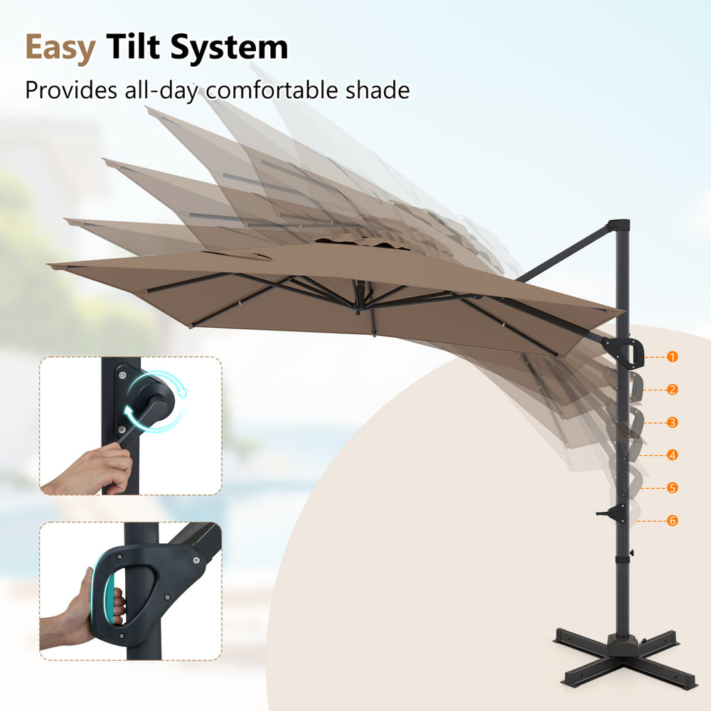 Brown 11 x 9 FT cantilever patio umbrella with easy tilt system and 360° rotation for all-day shade.