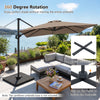 Brown 11 x 9 FT cantilever patio umbrella with 360° rotation, featuring a double-tier vented canopy for stability.
