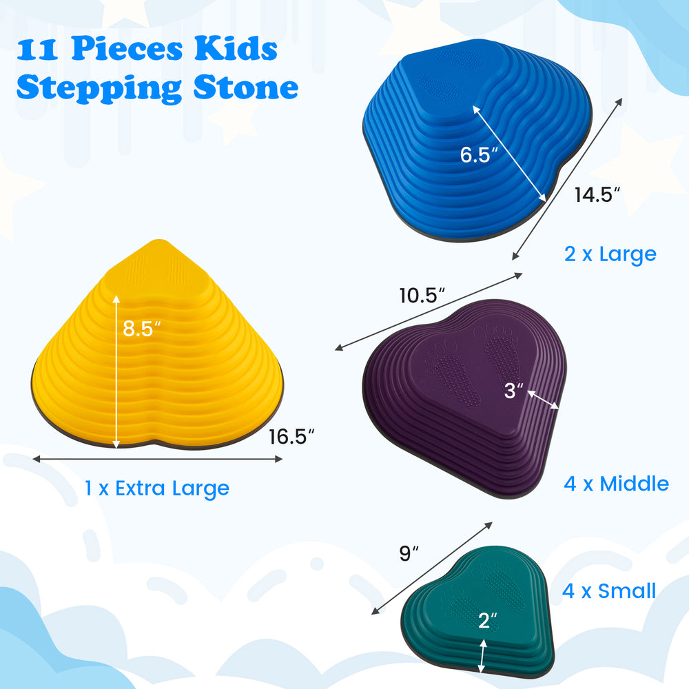Colorful 11-piece kids stepping stones set in various sizes for balance training, suitable for indoor and outdoor play.