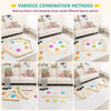 Colorful stepping stones and wooden balance beams arranged in various configurations for kids' imaginative play and.