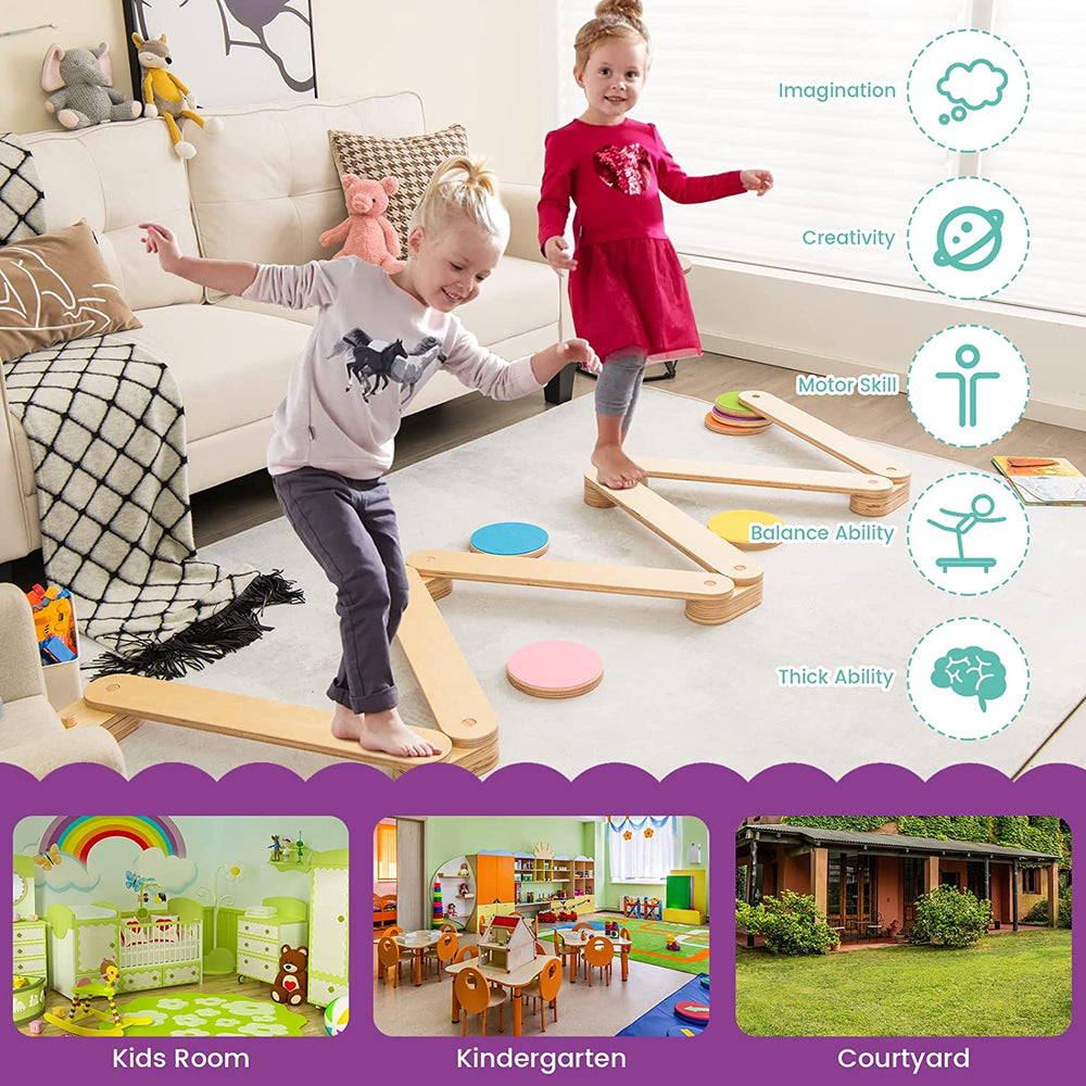 Kids playing on the 12-piece wooden balance beam set with colorful stepping stones, promoting balance and creativity.