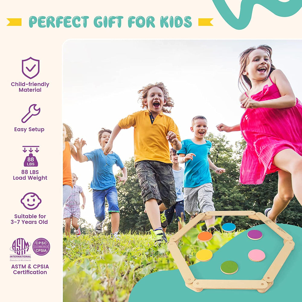 Colorful stepping stones and balance beams made of robust birch plywood, perfect for kids' imaginative play and motor.