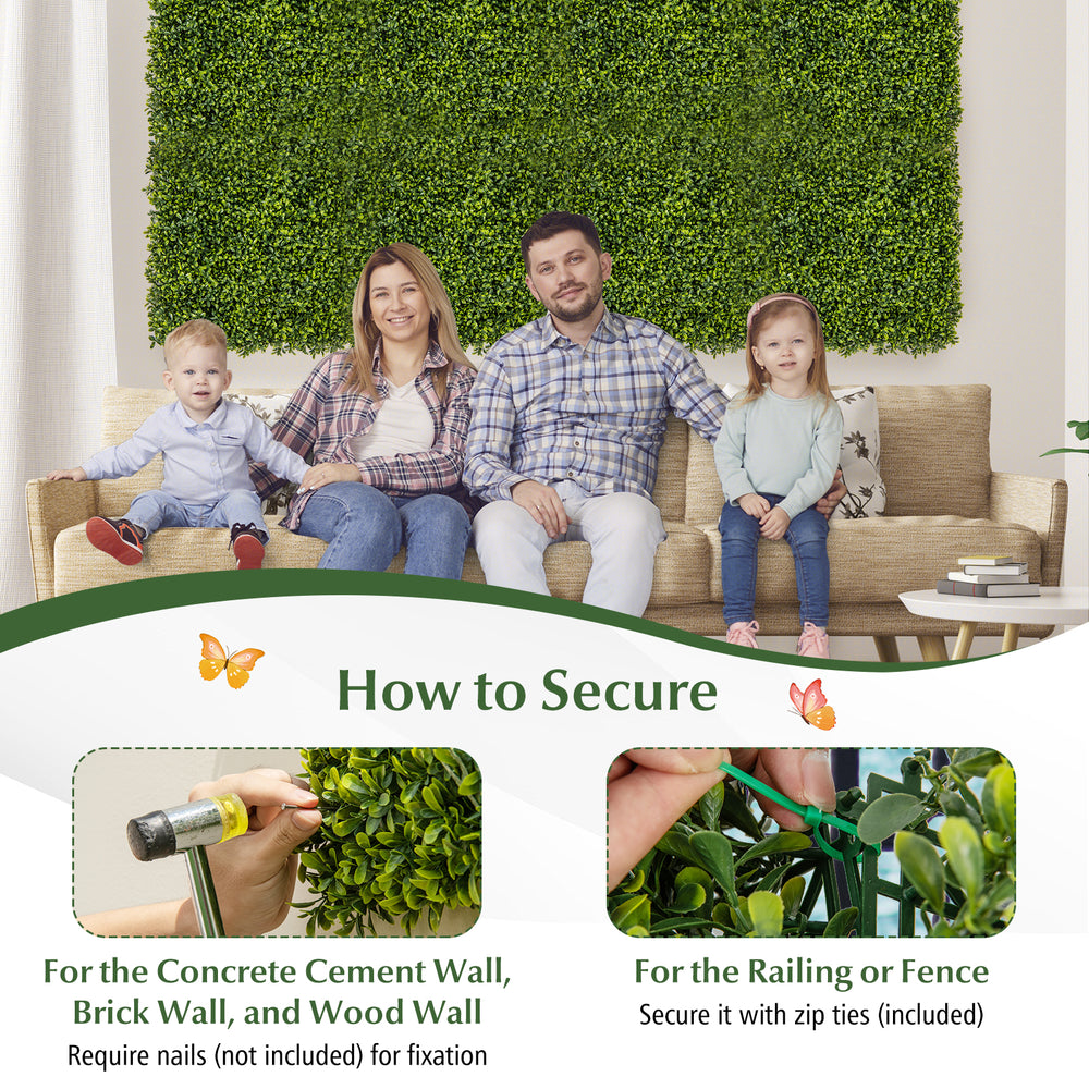 Artificial hedge boxwood panels, 20" x 20", ideal for DIY green wall backdrops, maintenance-free and easy to install.