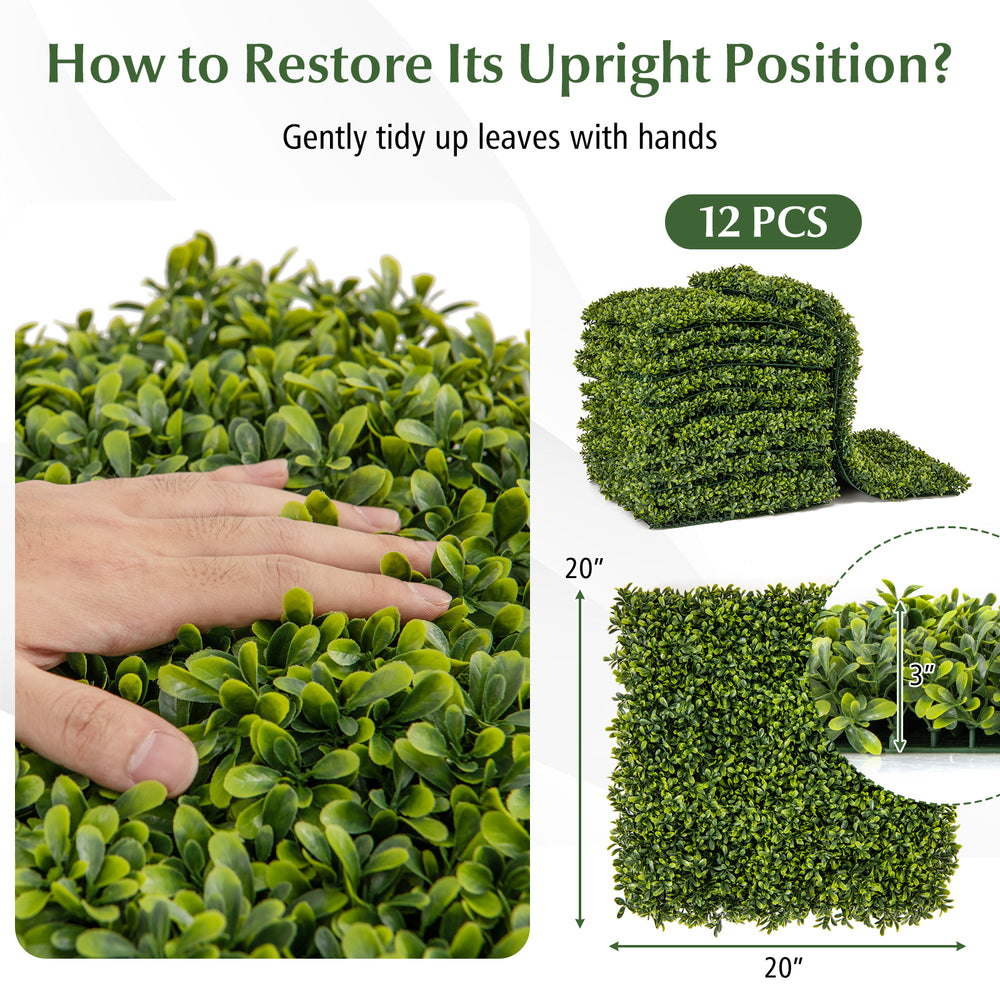 Artificial boxwood panel set of 12 pieces, each 20" x 20", ideal for DIY green wall backdrops and privacy screens.