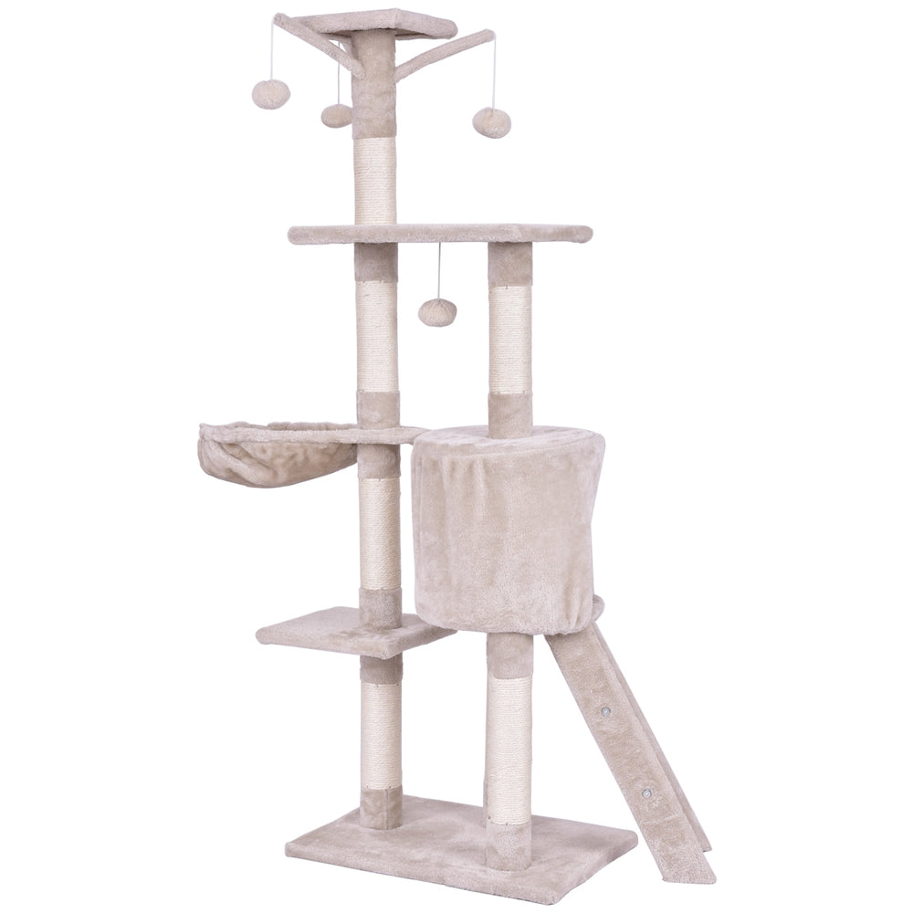 56-inch cat play tree with scratching posts, two platforms, and fluffy balls for climbing and lounging.