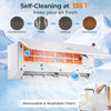 Self-cleaning mini split heat pump with removable filters, ENERGY STAR certified for efficient heating and cooling.