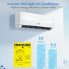 Mini split air conditioner with heat pump, 12000 BTU, 17 SEER2, featuring remote control and quiet 23 dB operation.