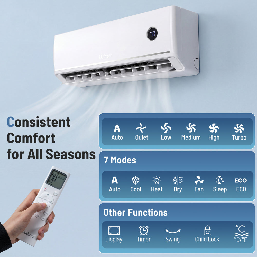 Mini split air conditioner with 12000 BTU, WiFi control, and 7 modes for efficient cooling and heating in rooms up to 600 sq.ft.