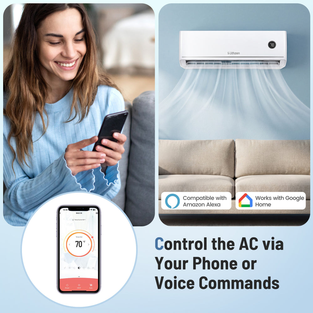 Mini split air conditioner with WiFi control, 12000 BTU, and Alexa compatibility for efficient cooling and heating.