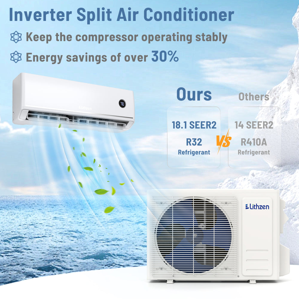 Inverter split air conditioner with 18.1 SEER2 efficiency, R32 refrigerant, and WiFi control for rooms up to 600 sq.ft.