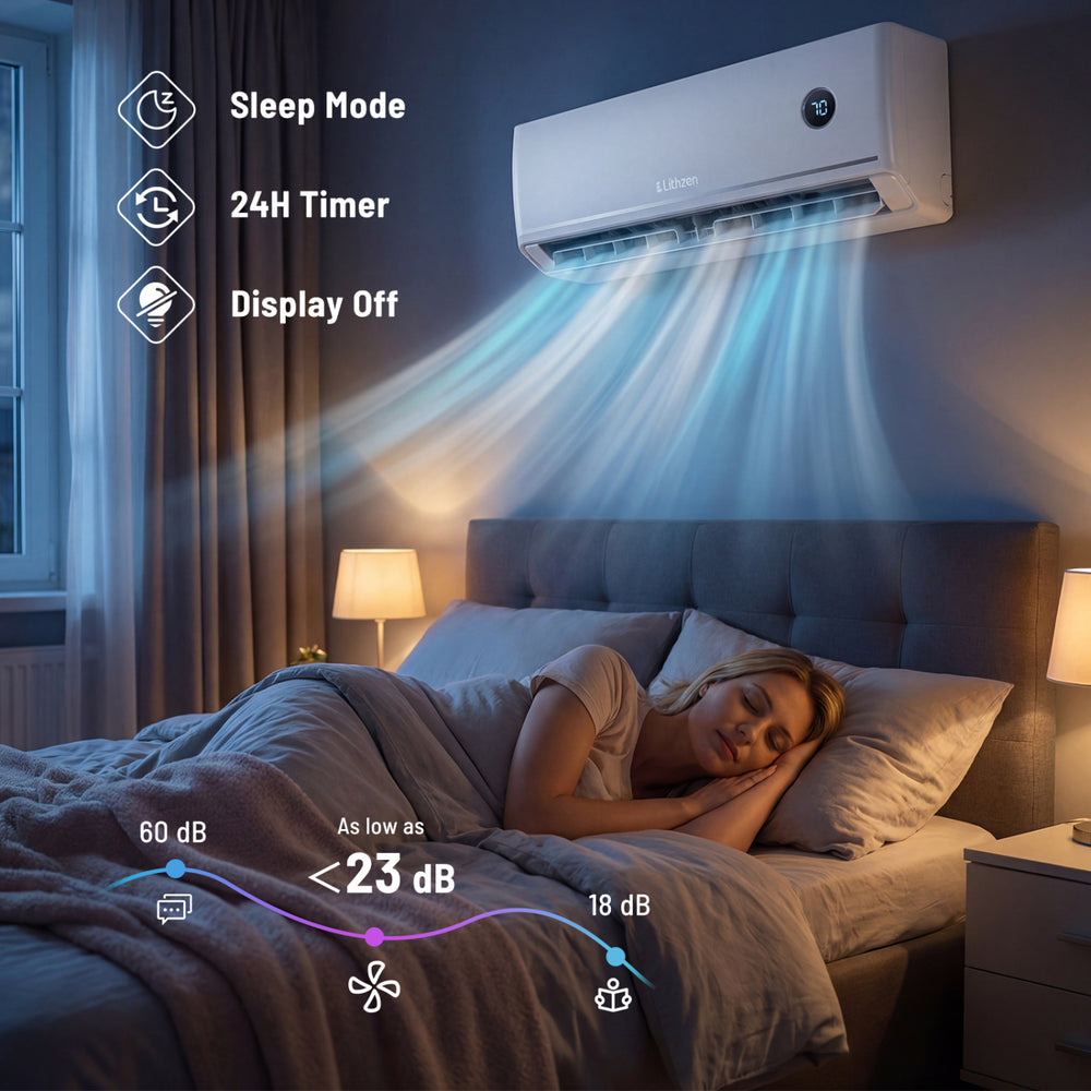 Mini split air conditioner with 12000 BTU cooling, WiFi control, and low noise operation for rooms up to 600 sq.ft.