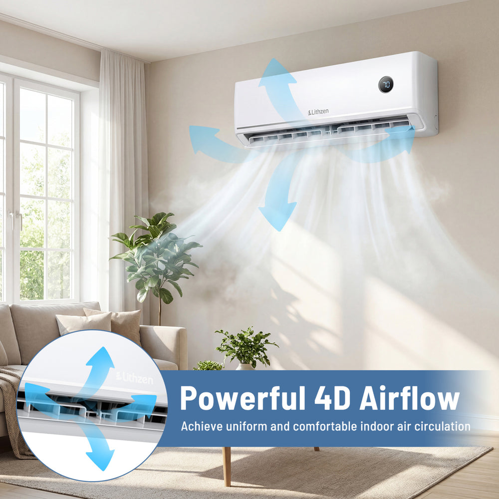 Mini split air conditioner with 12000 BTU and 4D airflow for efficient cooling and heating in rooms up to 600 sq.ft.