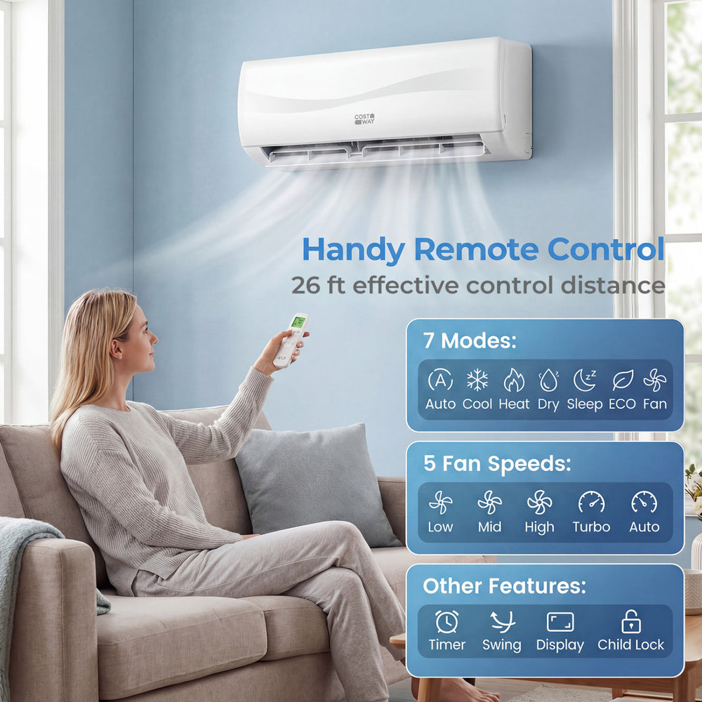 Mini split air conditioner with heat pump, remote control, 4 in 1 design, ideal for all-season climate control.