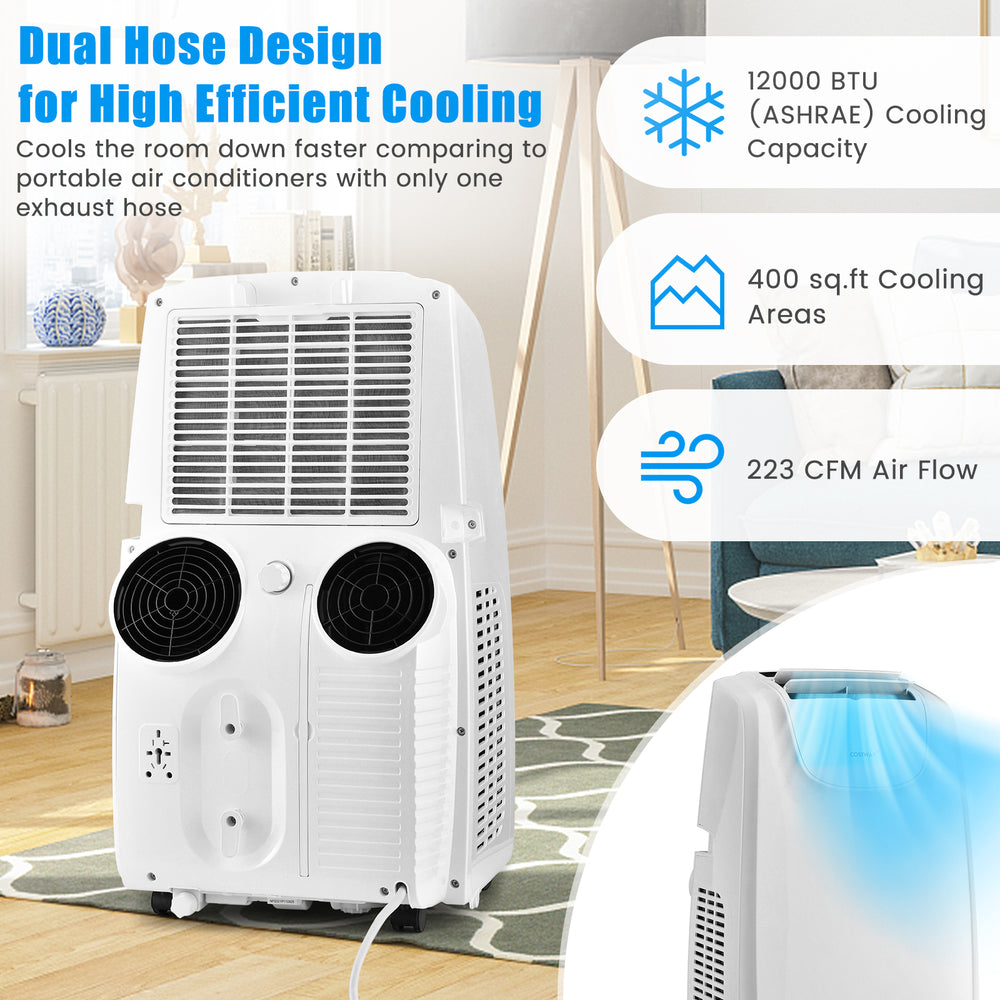 12000 BTU dual hose portable air conditioner in white, cooling rooms up to 400 sq.ft with remote control and adjustable.