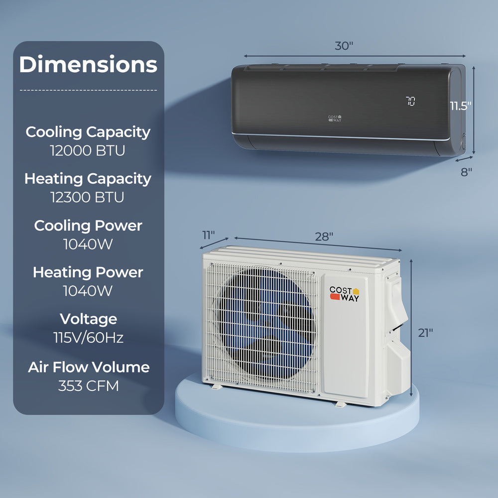 Mini split AC unit with 12000 BTU cooling capacity, WiFi enabled, designed for large rooms up to 750 sq.ft.