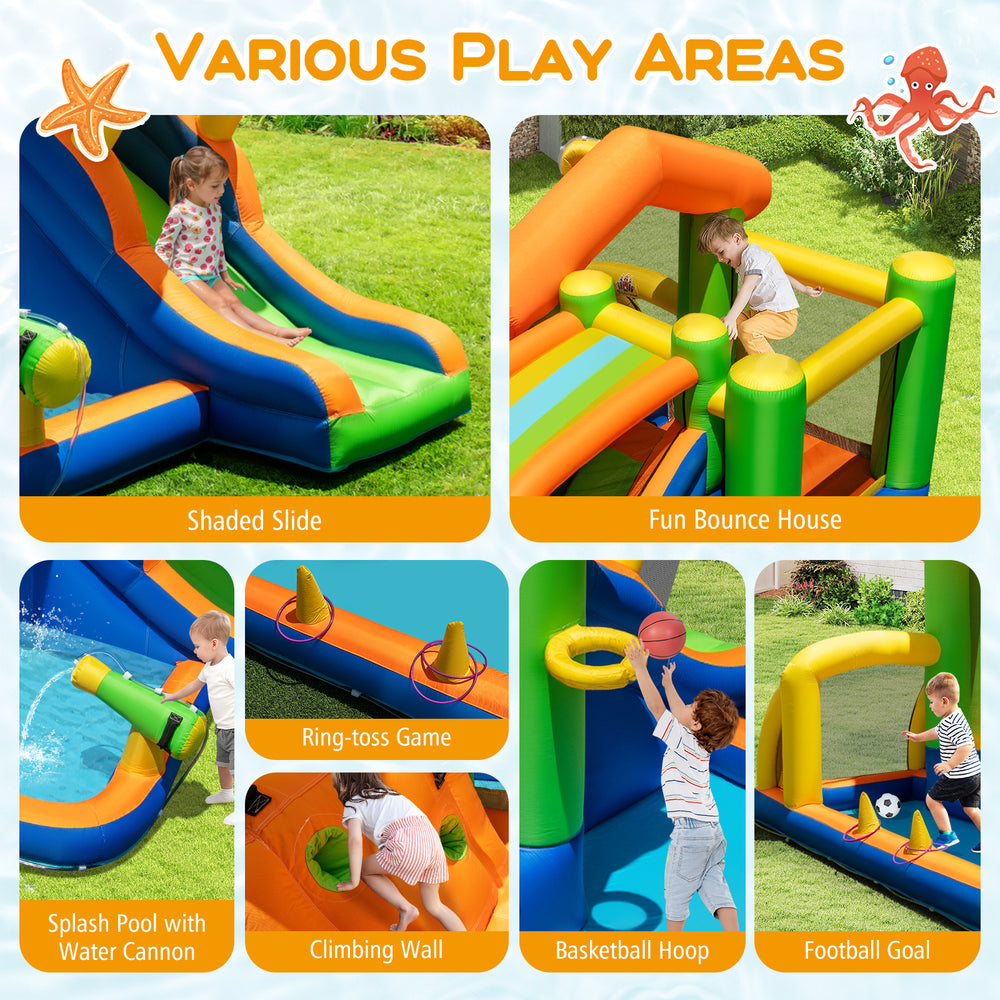 Inflatable bounce house water park featuring a shaded slide, climbing wall, and splash pool for summer fun.
