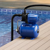 Blue 1200 W garden water pump with 150 ft lift and 1000 GPH rating, ideal for pressurized irrigation by the pool.