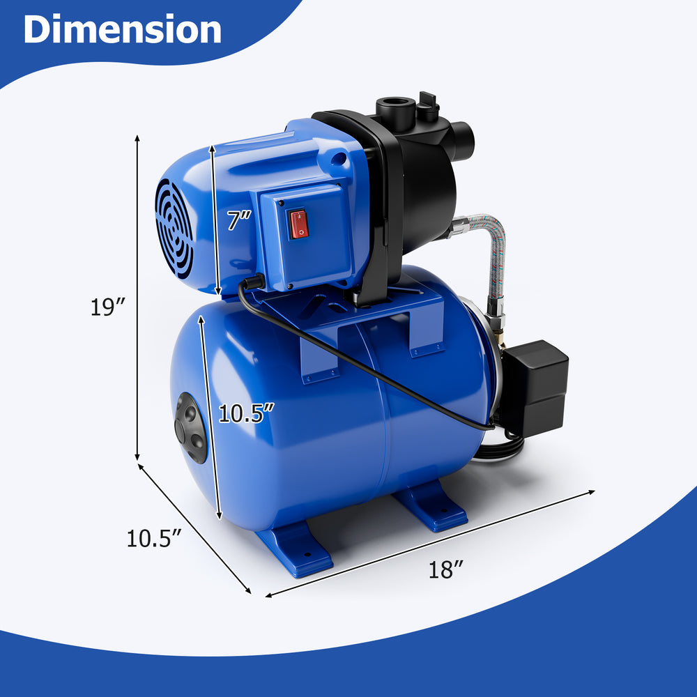 Blue 1200 W garden water pump with 150 foot head lift and 1000 GPH rating, ideal for pressurized irrigation.