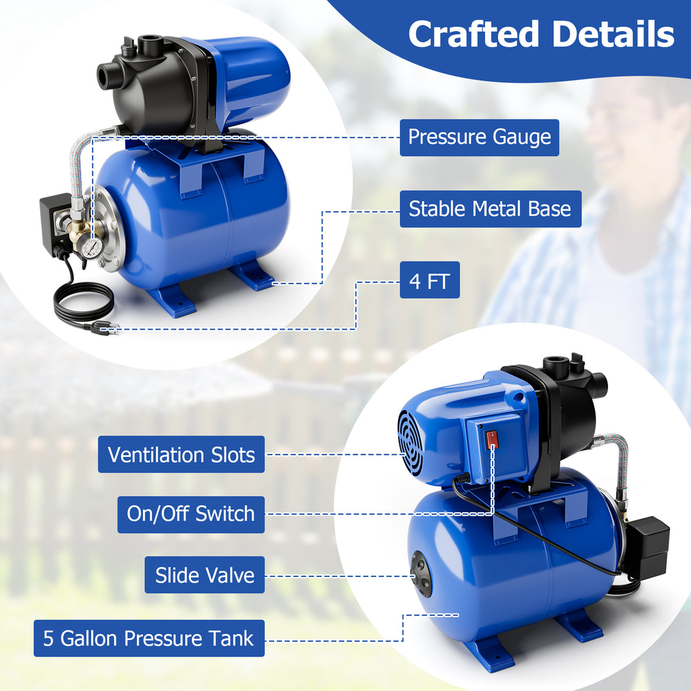 Garden water pump with 5-gallon pressure tank, pressure gauge, and stable metal base for efficient irrigation.