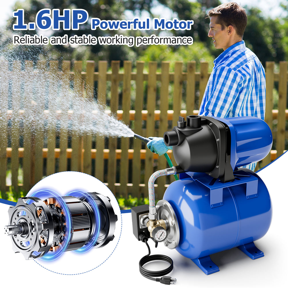Garden water pump with 1.6HP motor, 150-foot lift, and 1000 GPH capacity for efficient irrigation and drainage.